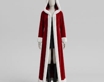 Red Velvet Hooded Cloak | Mrs Claus Christmas Costume Robe | Long Hooded Coat with Fur Trim | Renaissance Medieval LARP Cape