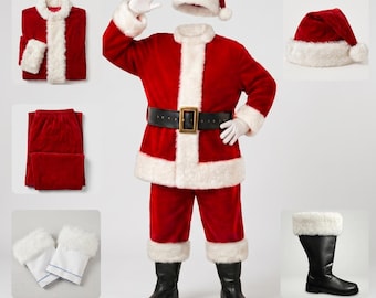 Deluxe Velvet Santa Claus Costume Set | Handmade Leather Boots with Fur Cuffs | Christmas Cosplay Suit Jacket Pants Hat