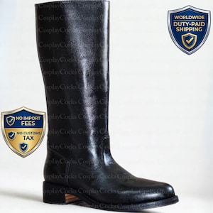 May include: A tall, black leather boot with a square toe and a low heel. The boot has a smooth, glossy finish and a classic design. The boot is likely for cosplay or costume use.