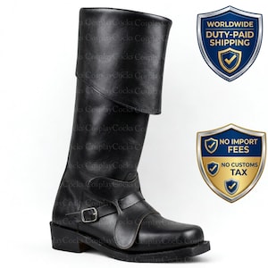 May include: Black leather knee-high boot with buckle and strap detail. The boot features a folded-over top and a square toe. Ideal for cosplay or costume use. Approx. 40 cm high.