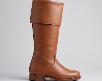 Men's Cognac Leather Knee High Boots | Hand-Stitched Cavalier Buccaneer Cosplay