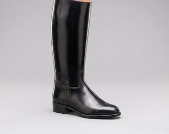 The Equestrienne Black Leather Riding Boots | 1920s Tall Knee-High Flapper Style