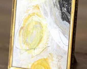 Small Black and White and chartreuse painting, Mini abstract, Tiny vintage frame, Asian Inspired Tabletop Acrylic Alabama’s Barclay Gresham