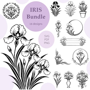 May include: A collection of 16 black and white iris designs. The designs include floral arrangements, wreaths, and individual iris flowers. The text "IRIS Bundle" is displayed in a purple circle, along with "SVG PDF PNG".