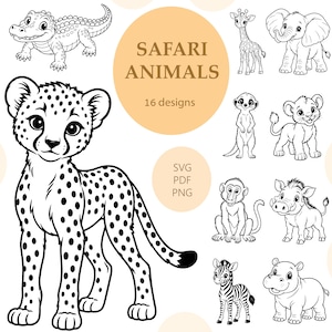Könnte beinhalten: Eine Sammlung von 16 schwarz-weißen Strichzeichnungen von Safaritieren, darunter ein Gepard, Krokodil, Giraffe, Elefant, Erdmännchen, Löwenjunges, Affe, Warzenschwein, Zebra und Flusspferd. Der Text lautet SAFARI ANIMALS, 16 designs, SVG, PDF, PNG.