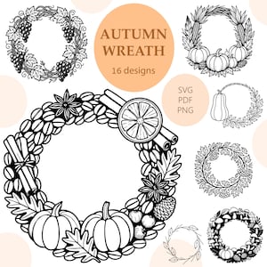 Puede incluir: Ilustraciones en blanco y negro de coronas de otoño. Los diseños incluyen coronas con uvas, calabazas, granos de café, palitos de canela y hojas. Se muestra el texto "AUTUMN WREATH".