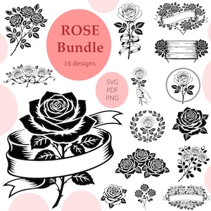 May include: A collection of 16 black and white rose designs, including single roses, bouquets, and floral arrangements with ribbons and wreaths. The text "ROSE Bundle" is displayed on a pink circle, along with file type options.