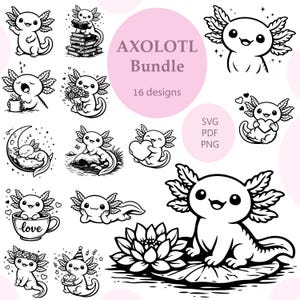 Könnte beinhalten: Schwarz-weißes Axolotl-Bundle mit 16 Designs. Enthält Axolotl mit Büchern, Blumen, Herzen und mehr. SVG-, PDF- und PNG-Dateiformate verfügbar.