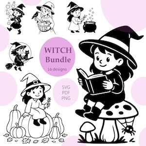 May include: Black and white illustrations of witches in various poses. One witch is reading a book while sitting on a mushroom. Other witches are shown with a cauldron, a black cat, and pumpkins. The text "Witch Bundle" is displayed with "16 designs" and file type options.