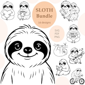 Peut inclure: Un ensemble de motifs de paresseux en noir et blanc, comprenant 16 modèles. Les motifs incluent des paresseux tenant un cœur, une tasse et un panneau indiquant "Take it Easy". D'autres montrent des paresseux suspendus à une branche, jouant de la guitare et faisant du vélo.