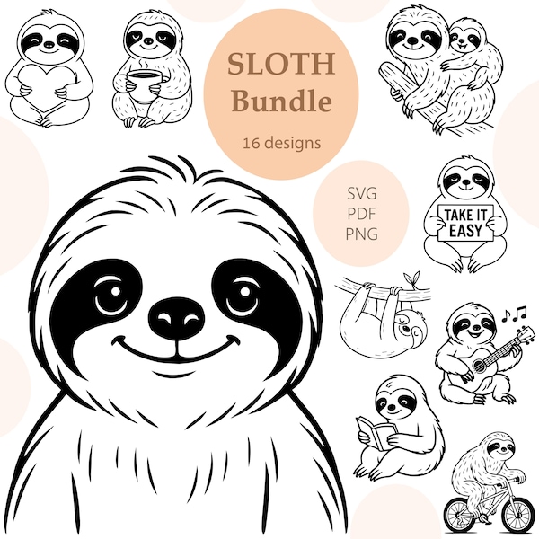 Sloth SVG Bundle 16 Designs | Engrave Files for Laser, Sublimation Printable Art