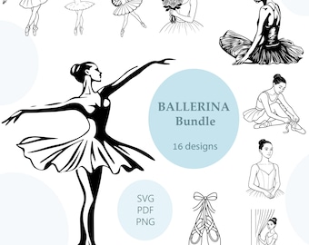 May include: A collection of 16 ballerina designs in black and white. The images include ballerinas in various poses, a ballerina with butterfly wings, a ballerina holding flowers, and ballet shoes. Text on the image reads "Ballerina Bundle".