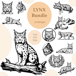 Puede incluir: Una colección de 16 diseños de lince en blanco y negro. Los diseños incluyen varias poses del lince, incluyendo sentado, acostado y de perfil. La imagen también incluye el texto "LYNX Bundle" y opciones de tipo de archivo.