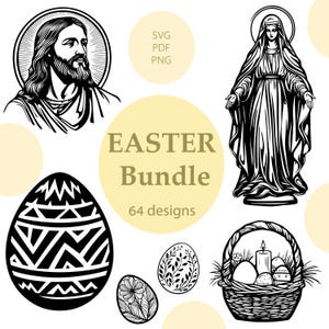 Paquete de Pascua para grabar/SVG/64 diseños de Pascua/Jesús/Virgen María/Cesta de huevos de Pascua/Imprimible/Sublimación/Grabado láser/Cricut/Vector/Svg, PNG, PDF