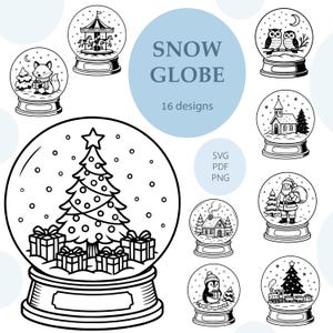 May include: Black and white line art illustrations of snow globes with various winter scenes. Designs include a Christmas tree, Santa Claus, a fox, owls, a church, a house, a penguin, and a carousel. Text reads "SNOW GLOBE" and "16 designs."