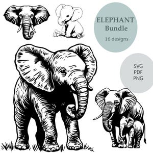 May include: A digital download bundle of 16 black and white elephant illustrations in SVG, PDF, and PNG formats. The illustrations feature different poses and sizes of elephants, including a baby elephant.