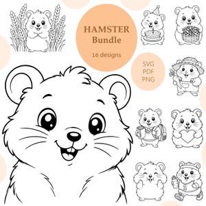 Op de afbeelding: Een digitale collectie van 16 zwart-wit lijntekeningen van hamsters met het label HAMSTER Bundle. De ontwerpen tonen hamsters in verschillende activiteiten, waaronder het vasthouden van een taart, een mand, een wortel, een hart, boeken en een waterfles.
