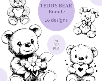 Teddy Bear SVG 16 Vector Clipart Bundle: Laser Engraving, Printing, DIY (Digital Download)