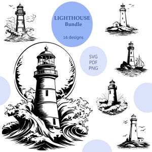 May include: A black and white lighthouse bundle with 16 designs. The designs feature various lighthouse illustrations with crashing waves, on rocky shores, and with birds. The text "LIGHTHOUSE Bundle" and "16 designs" are in a blue circle.