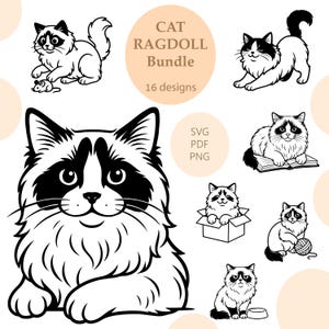May include: A collection of black and white Ragdoll cat illustrations. The designs include cats in various poses, such as playing with a toy mouse, sitting, and lounging. The text "Cat Ragdoll Bundle" is also included.