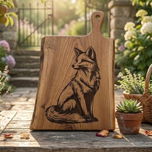 May include: A wooden cutting board with a handle and a detailed engraved image of a fox. The board is made of light brown wood and has a natural edge. The fox is depicted in a sitting position, with its head turned to the side.