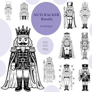 May include: A collection of black and white nutcracker illustrations. The image includes various designs of nutcrackers, some with crowns, capes, and holding staffs. The text "NUTCRACKER Bundle" is displayed with "16 designs" and file type options.