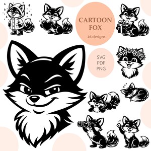 May include: A collection of black and white cartoon fox designs. The image includes a large fox face and smaller illustrations of foxes in various poses, such as holding a heart, wearing a raincoat, and holding a gift. Text reads "CARTOON FOX 16 designs".