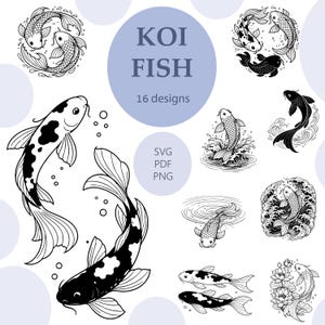 May include: A selection of 16 Koi fish designs in monochrome. The designs feature various poses of the fish, some with water elements. Text includes "KOI FISH" and "16 designs", along with "SVG PDF PNG".