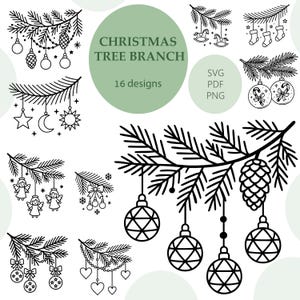 Peut inclure: Illustrations en noir et blanc de branches de sapin de Noël avec des ornements variés. L'image comprend le texte "Christmas Tree Branch" et "16 designs", parfait pour les projets de décoration et de création.