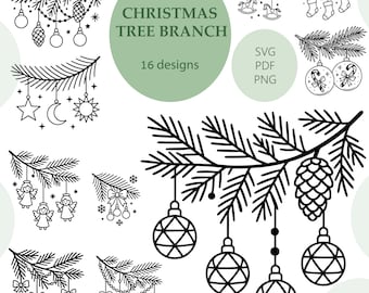May include: A collection of black and white line drawings of Christmas tree branches adorned with festive decorations. The image features text stating "Christmas Tree Branch" and "16 designs", suitable for seasonal crafts and designs.