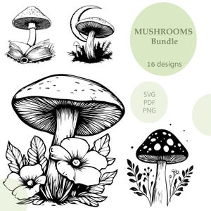 Mushroom SVG Clipart Bundle: Laser Engrave 16 Vector Designs (PDF, PNG)