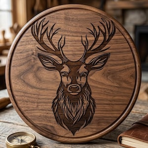 May include: A circular wooden serving board featuring a detailed engraving of a stag's head. The board is made of dark brown wood and has a carved rim. A compass and a leather-bound book are visible in the background.