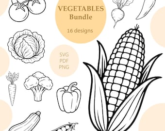 Vegetables SVG 16 Vector Clipart Bundle: Engrave Laser, Print, DIY (Digital Download)
