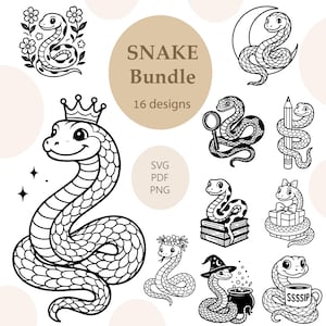 Peut inclure: Ensemble d'illustrations de serpents en noir et blanc. Les motifs incluent des serpents avec des couronnes, sur des livres, avec des loupes et dans un croissant de lune. Le texte "Snake Bundle" et "16 designs" est également présent.