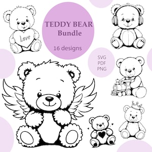 Peut inclure: Un ensemble d'ours en peluche en noir et blanc avec 16 modèles. Les modèles incluent des ours en peluche avec des cœurs, des ailes d'ange, des écouteurs, un train et une couronne. L'image comprend également le texte "TEDDY BEAR Bundle" et "16 designs".