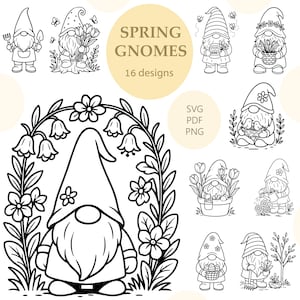 以下が含まれることがあります： 様々なポーズの春のノームの白黒イラスト。花、道具、蜂蜜の壺を持っているノームもいます。画像には「SPRING GNOMES」と「16 designs」というテキストが含まれています。