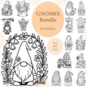 Könnte beinhalten: Schwarz-Weiß-Illustrationen von Zwergen in verschiedenen Posen. Das Bild zeigt Zwerge mit Blumen, auf Schaukeln und beim Halten von Gegenständen. Der Text "GNOMES Bundle" wird mit "64 Designs" und Dateitypoptionen: SVG, PDF und PNG angezeigt.