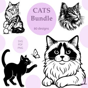 Katzen Bundle/80 Design SVG/Katze Ragdoll, Maine Coon, Cartoon Katzen, schwarze Katze SVG/Druckbar/Sublimation/ Vektor/Gravur Laser/Cricut/Svg, Png, Pdf