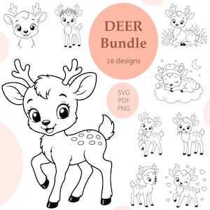 Può includere: Una collezione digitale di 16 illustrazioni al tratto in bianco e nero con cervi dei cartoni animati in varie pose. Il testo DEER Bundle, 16 designs, SVG, PDF e PNG è visibile. I cervi sono raffigurati con macchie, corna e occhi espressivi.