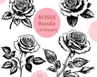 Bundel rozen SVG 16 vector clipart: graveerlaser, print, bloem DIY, sublimatie (digitale download)
