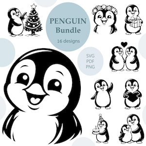 May include: A selection of black and white penguin designs. The image features a large penguin face, penguins with a Christmas tree, holding gifts, and other designs. Text reads "Penguin Bundle 16 designs."