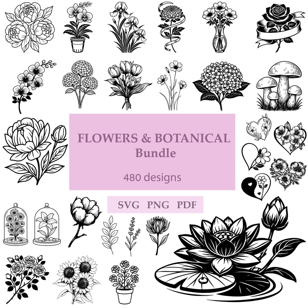 Flowers and Botanical SVG 480 Vector Clipart Bundle: Laser Engraving ...