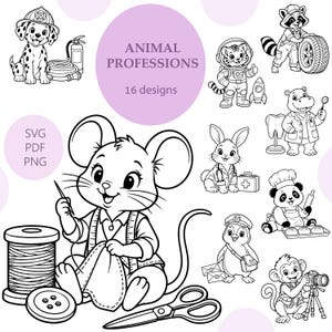 May include: A collection of 16 black and white line art illustrations titled ANIMAL PROFESSIONS. The set features various animals in different roles, including a mouse sewing, a dalmatian firefighter, a tiger astronaut, and a panda baker.