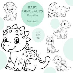 May include: Black and white illustrations of baby dinosaurs. The image includes a Triceratops, a Parasaurolophus, a Stegosaurus, and other dinosaur designs. Text reads "BABY DINOSAURS Bundle" and "16 designs".