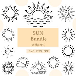 May include: A collection of 36 black and white sun designs. The designs include various sun illustrations with rays, clouds, and faces. The text "SUN Bundle" is displayed with "36 designs" and "SVG PNG PDF" below.