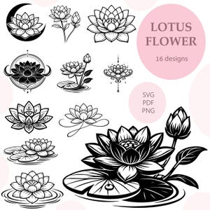 Può includere: Illustrazioni in bianco e nero di fiori di loto in vari design, tra cui una luna crescente e una ninfea. L'immagine include il testo "LOTUS FLOWER" e "16 designs."