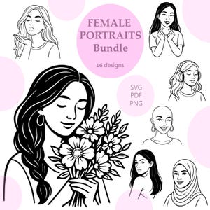 Retratos femeninos grabados/Mujer SVG/Paquete de diseños de retratos/Imprimibles/Sublimación/Grabado láser/Mujeres vectoriales/Cricut/Svg, PNG, PDF