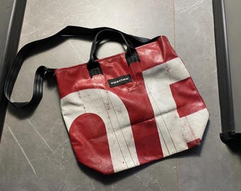 Freitag F202 Leland Tote Bag Red White Upcycled Truck Tarp