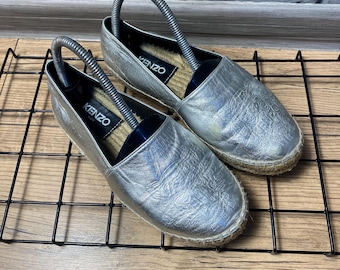KENZO Paris Tiger Embossed Metallic Silver Leather Espadrilles Flats Shoes 36
