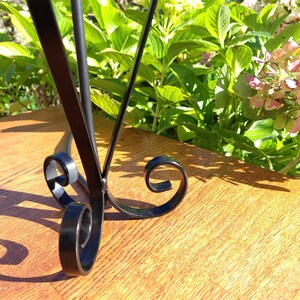 May include: A black metal decorative stand with a scrolled base and curved accents. The stand is on a wooden surface, with green foliage and flowers in the background. The stand is likely for displaying decorative items.
